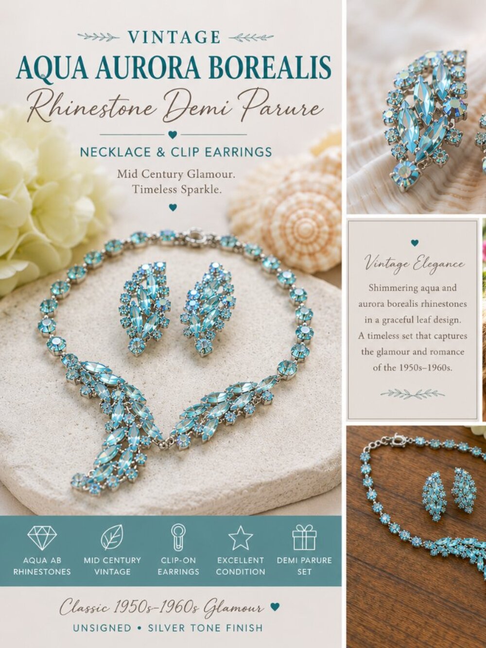 Vintage Aqua Blue Rhinestone Necklace & Clip-On Earring Set | Mid-Century Glam |